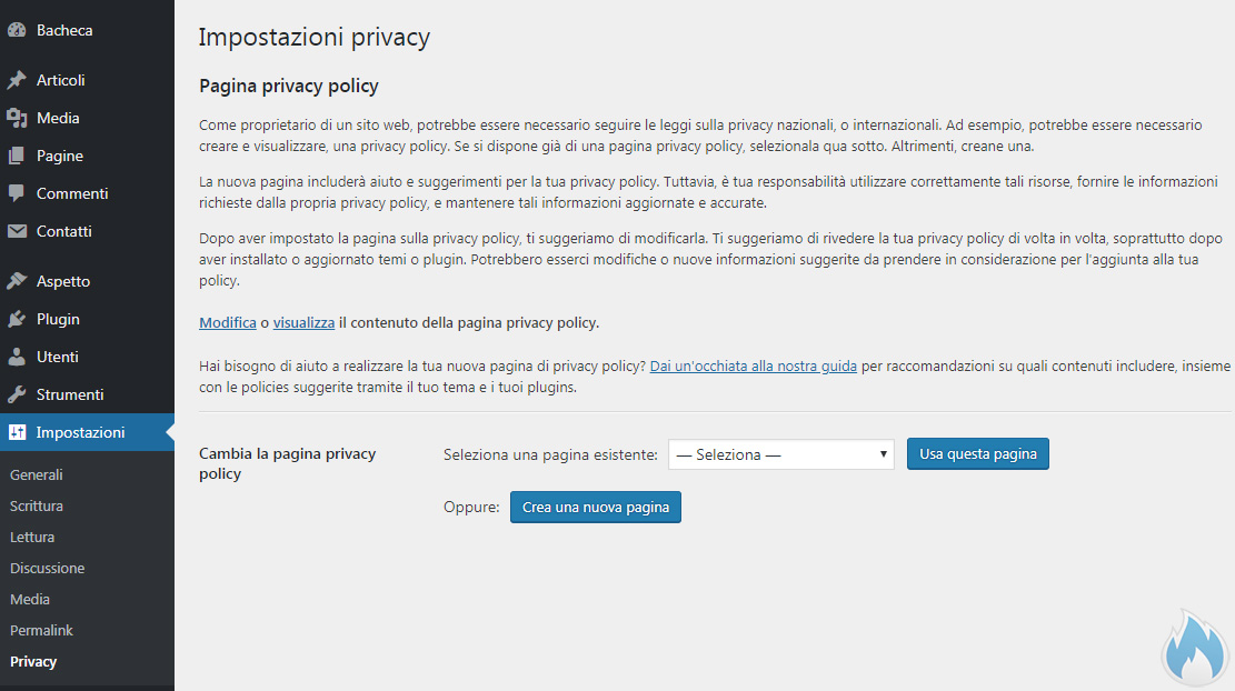 WordPress 4.9 nuova sezione privacy