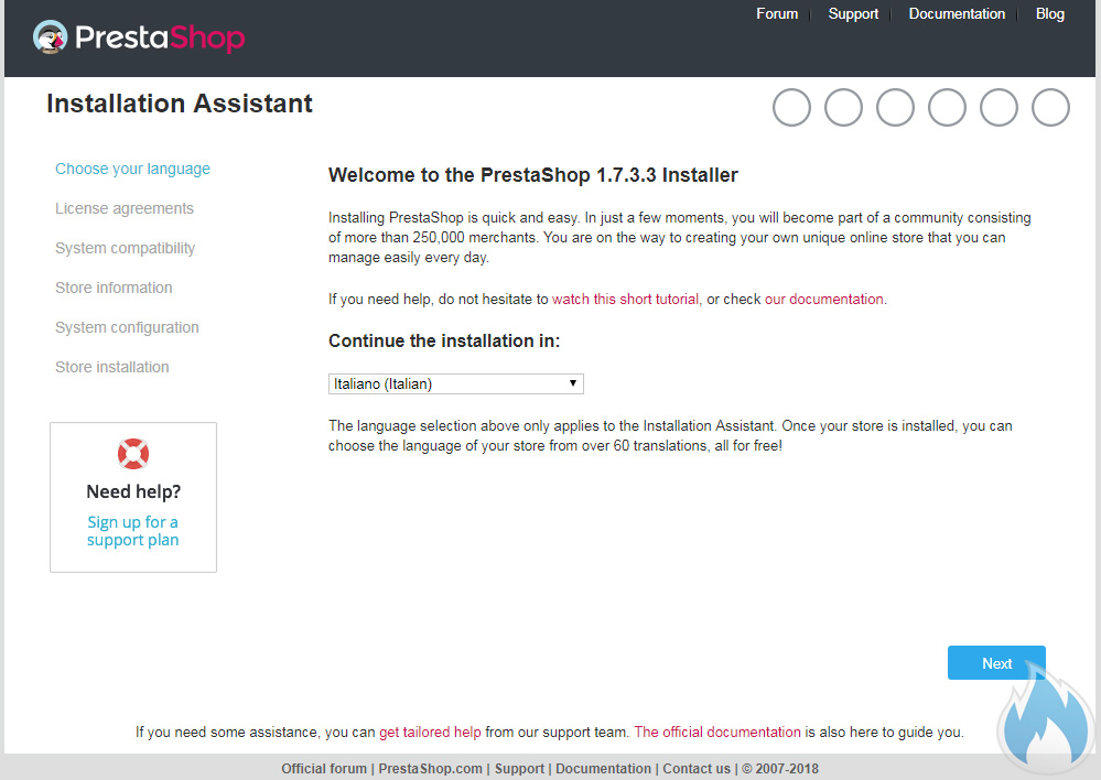 Installazione Manuale PrestaShop, scelta lingua