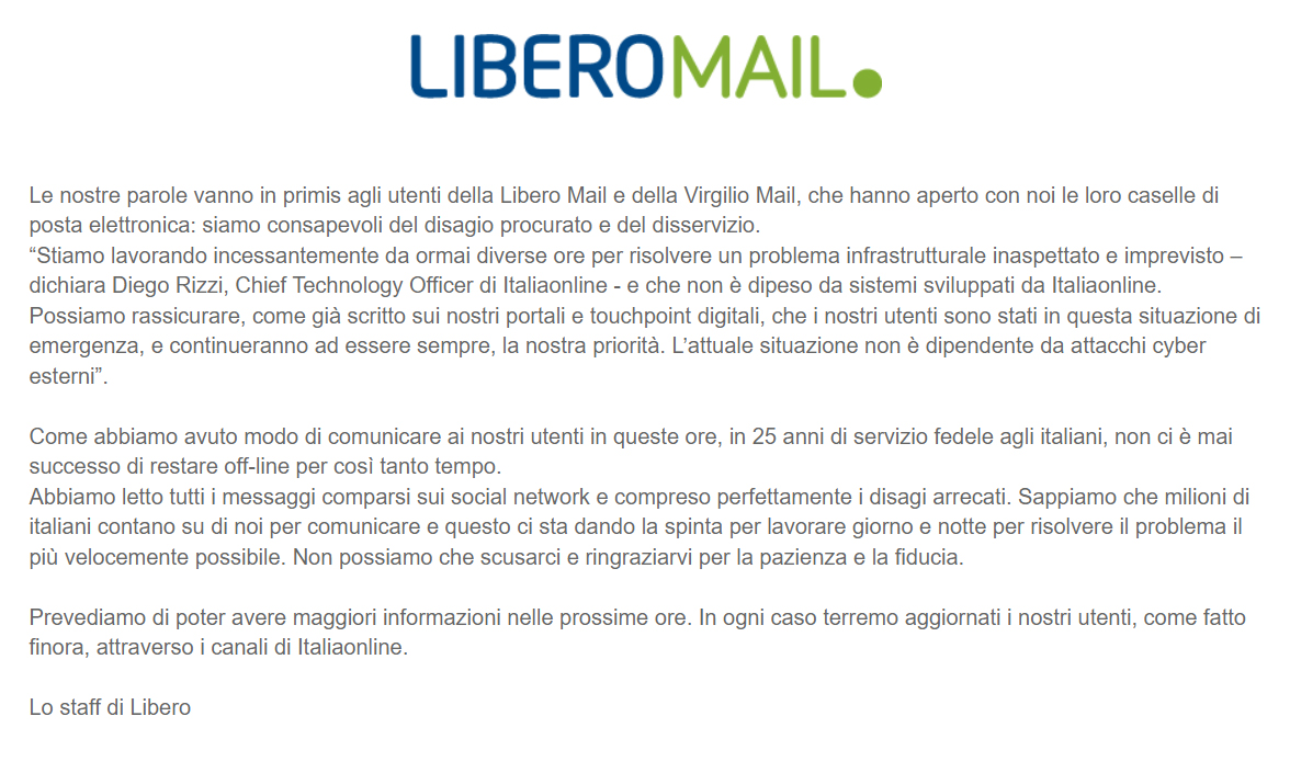 I servizi email di Libero e Virgilio sono down da domenica 22 gennaio